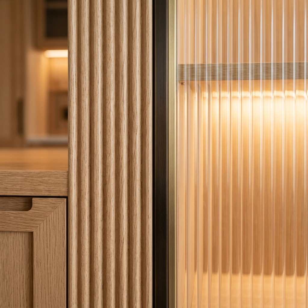 Fluted white oak wood joinery with reeded glass