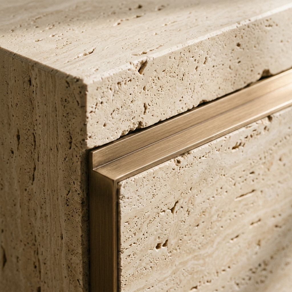 Honed travertine stone with champagne bronze reveal