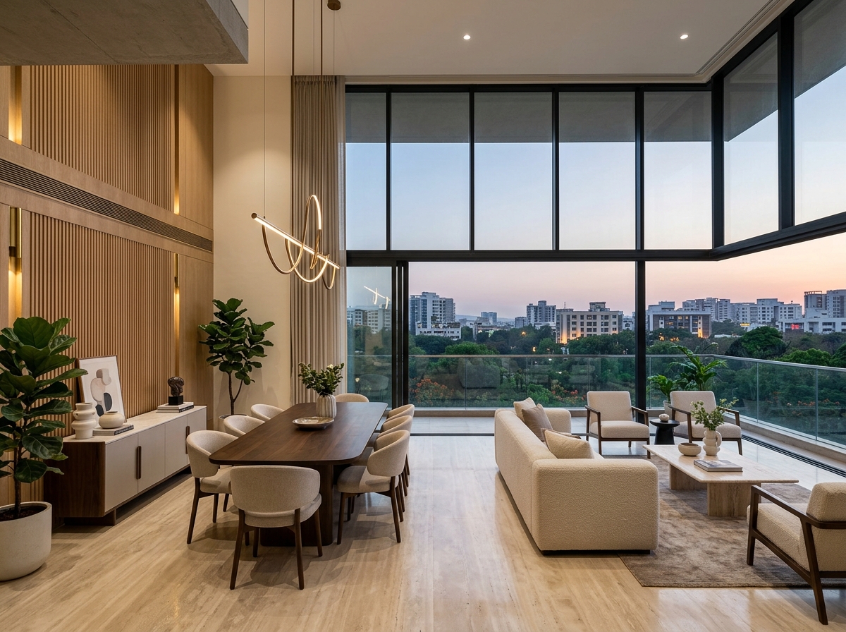 Architectural interior dining and living room designed by Suvidha